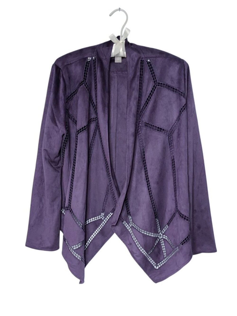Chico's Faux Suede Open Front Waterfall Cardigan Jacket M (1) Cutout Purple